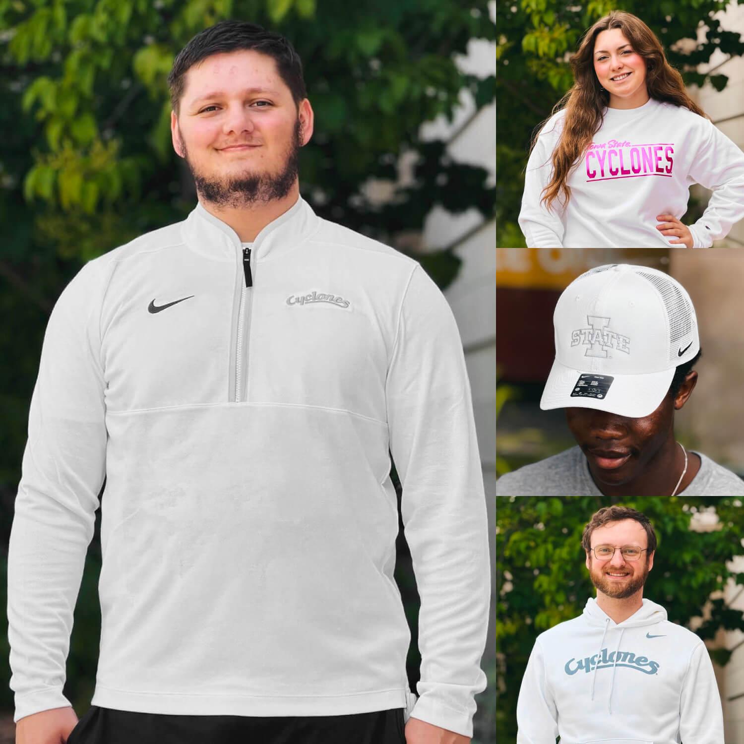 A collage showing an Cyclone wearing White Iowa State apparel